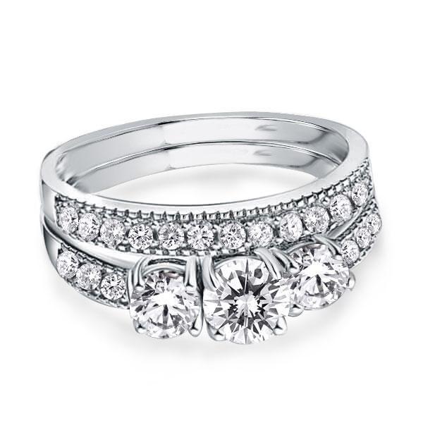 White Sapphire Bridal Ring Set - Sterling Silver Three Stone Engagement Band