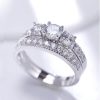 White Sapphire Bridal Ring Set - Sterling Silver Three Stone Engagement Band