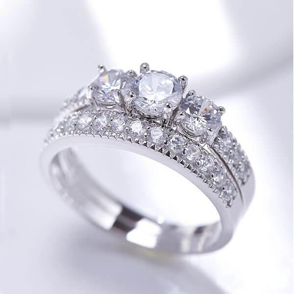 White Sapphire Bridal Ring Set - Sterling Silver Three Stone Engagement Band