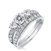 White Sapphire Bridal Ring Set - Sterling Silver Three Stone Engagement Band