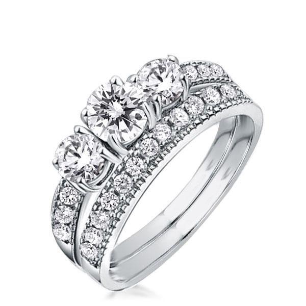 White Sapphire Bridal Ring Set - Sterling Silver Three Stone Engagement Band