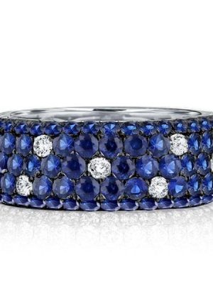 Five Row Blue Sapphire Pave Eternity Wedding Band in Rhodium Plated Sterling Silver