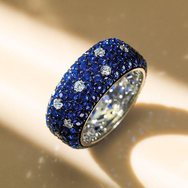 Five Row Blue Sapphire Pave Eternity Wedding Band in Rhodium Plated Sterling Silver