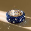 Five Row Blue Sapphire Pave Eternity Wedding Band in Rhodium Plated Sterling Silver