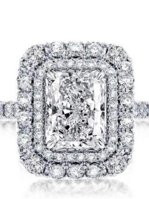 Radiant Cut White Sapphire Double Halo Engagement Ring - Sterling Silver