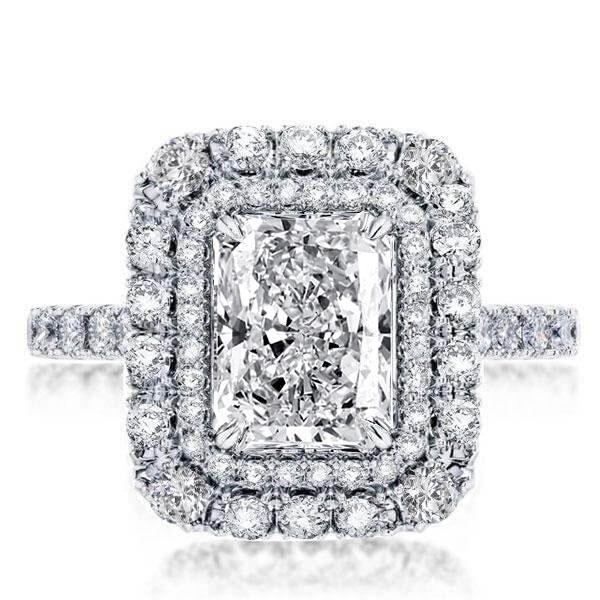 Radiant Cut White Sapphire Double Halo Engagement Ring - Sterling Silver
