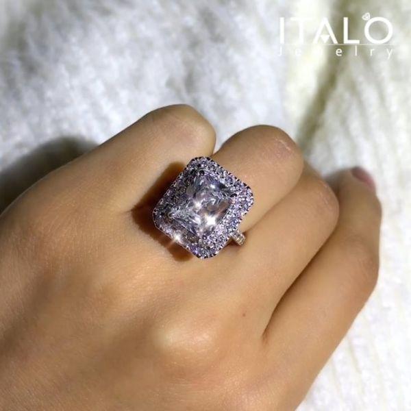 Radiant Cut White Sapphire Double Halo Engagement Ring - Sterling Silver