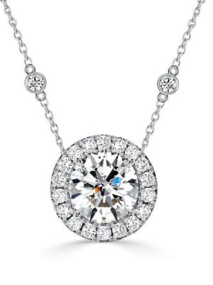 Halo Round Cut Pendant Necklace in 925 Sterling Silver with Rhodium Finish
