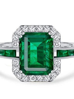Halo Emerald and Sapphire Ring for Women in 925 Sterling Silver