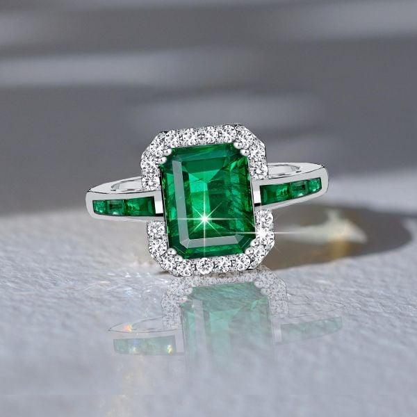 Halo Emerald and Sapphire Ring for Women in 925 Sterling Silver