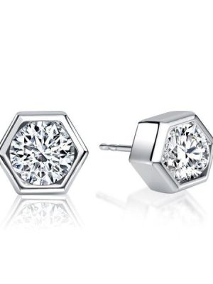 Sterling Silver Bezel Set Hexagon Single Stone Stud Earrings for Women