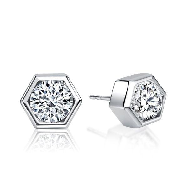 Sterling Silver Bezel Set Hexagon Single Stone Stud Earrings for Women