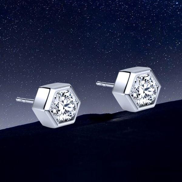 Sterling Silver Bezel Set Hexagon Single Stone Stud Earrings for Women