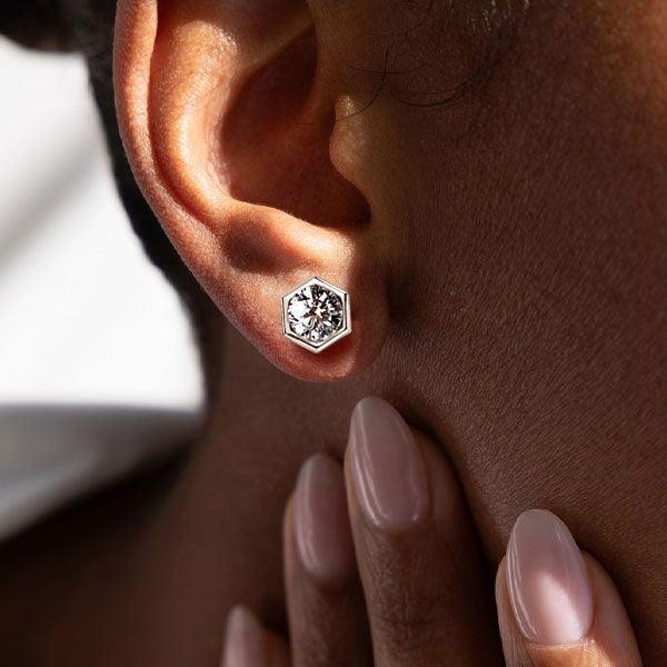 Sterling Silver Bezel Set Hexagon Single Stone Stud Earrings for Women