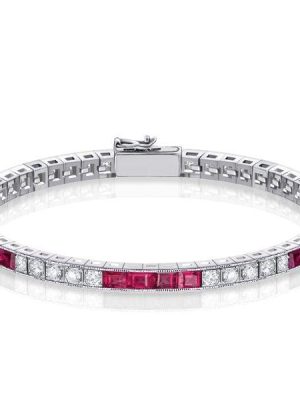 Eternity Asscher Cut Ruby Tennis Bracelet in Rhodium-Plated Sterling Silver
