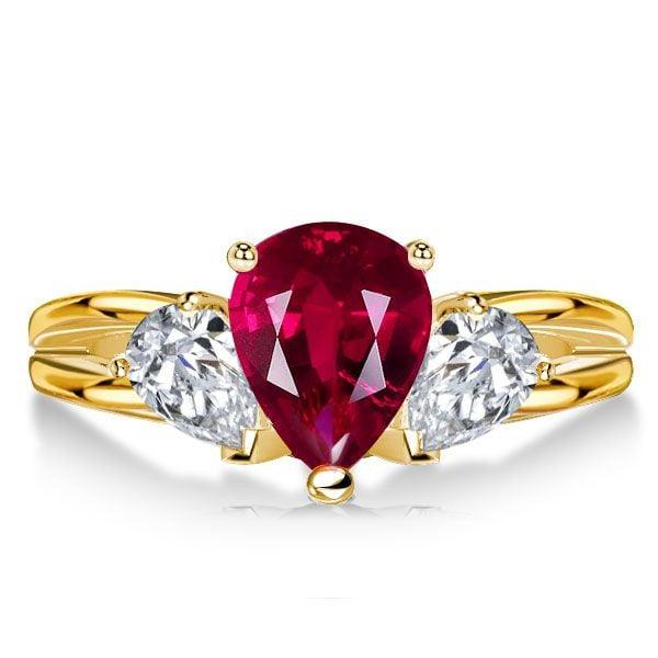 18K Gold Plated Sterling Silver Pear Cut Ruby 3 Stone Engagement Ring (3.00 CTW)