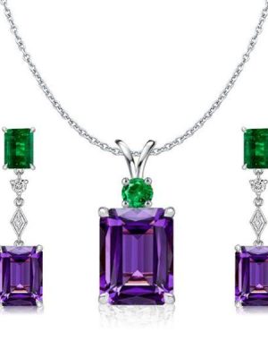 Emerald Cut Amethyst Necklace and Drop Earrings Set - Sterling Silver