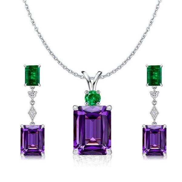 Emerald Cut Amethyst Necklace and Drop Earrings Set - Sterling Silver