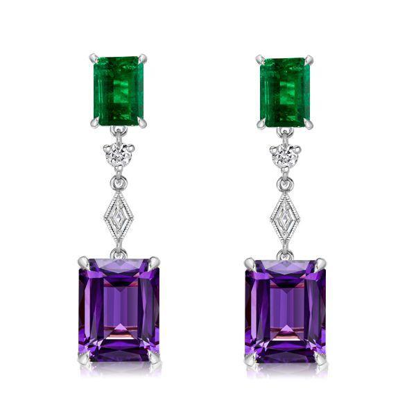 Emerald Cut Amethyst Necklace and Drop Earrings Set - Sterling Silver