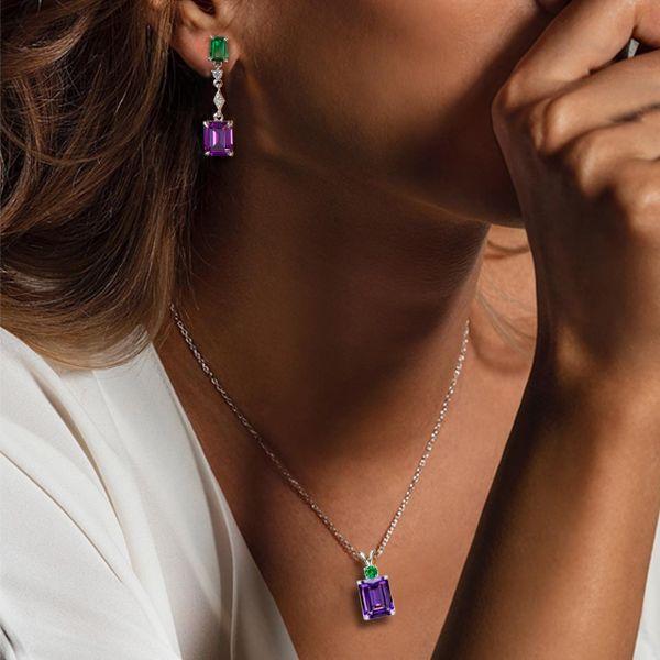 Emerald Cut Amethyst Necklace and Drop Earrings Set - Sterling Silver
