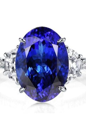 Oval Three Stone Created Sapphire Engagement Ring in Rhodium Plated Sterling Silver
