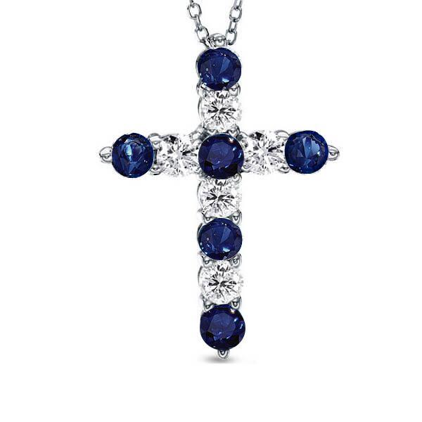 Sterling Silver Blue & White Sapphire Cross Pendant Necklace