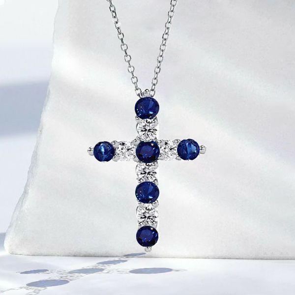Sterling Silver Blue & White Sapphire Cross Pendant Necklace
