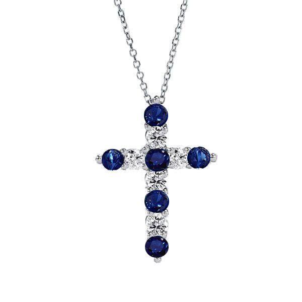 Sterling Silver Blue & White Sapphire Cross Pendant Necklace