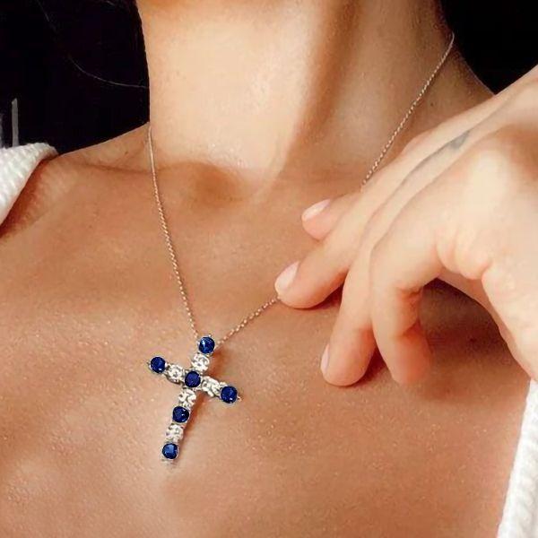 Sterling Silver Blue & White Sapphire Cross Pendant Necklace