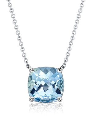Cushion Cut Aquamarine Solitaire Pendant Necklace in 925 Sterling Silver (Various Chain Lengths & Plating)