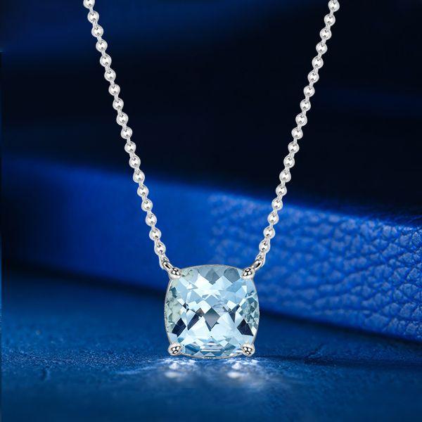 Cushion Cut Aquamarine Solitaire Pendant Necklace in 925 Sterling Silver (Various Chain Lengths & Plating)