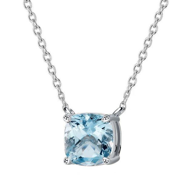 Cushion Cut Aquamarine Solitaire Pendant Necklace in 925 Sterling Silver (Various Chain Lengths & Plating)