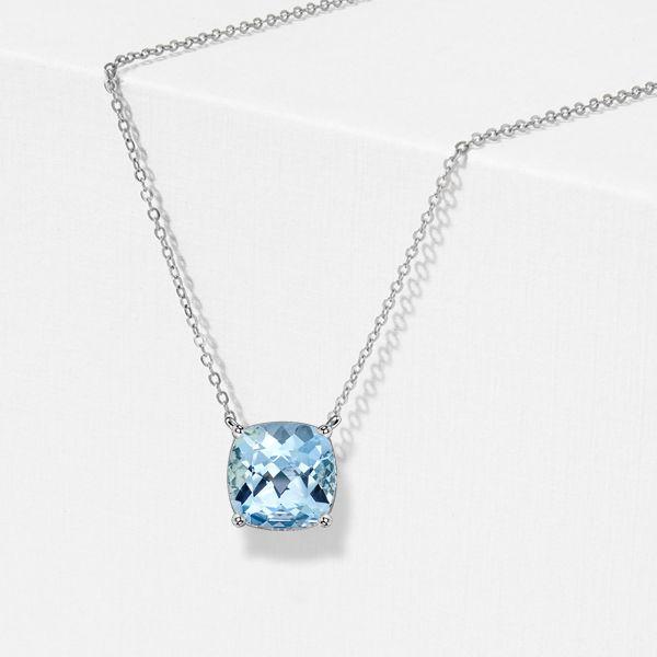 Cushion Cut Aquamarine Solitaire Pendant Necklace in 925 Sterling Silver (Various Chain Lengths & Plating)
