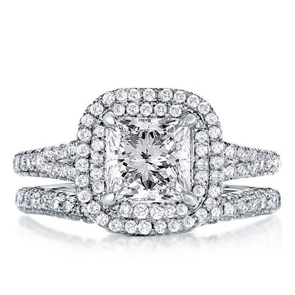 Princess Cut Double Halo Split Shank Bridal Set - Sterling Silver