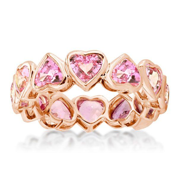 Rose Gold Heart Hot Pink Sapphire Wedding Band Ring - Sterling Silver