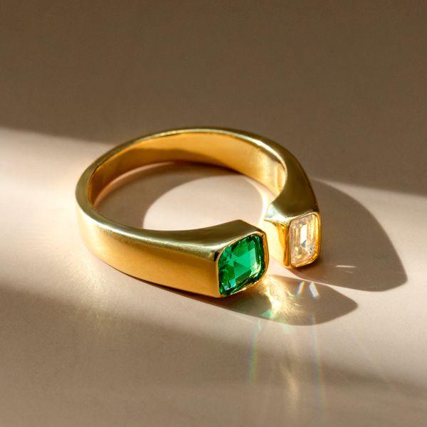 Emerald Green Signet Ring - 18K Gold Plated Sterling Silver Open Ring