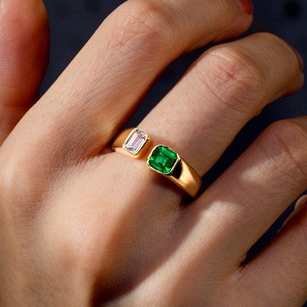 Emerald Green Signet Ring - 18K Gold Plated Sterling Silver Open Ring
