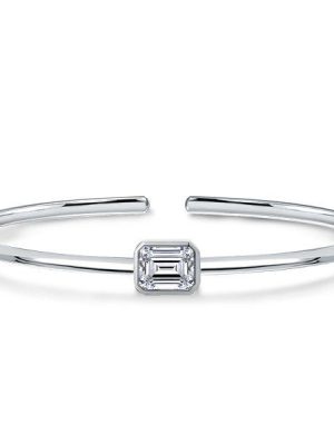 Emerald Cut White Sapphire Solitaire Bangle Bracelet in Sterling Silver