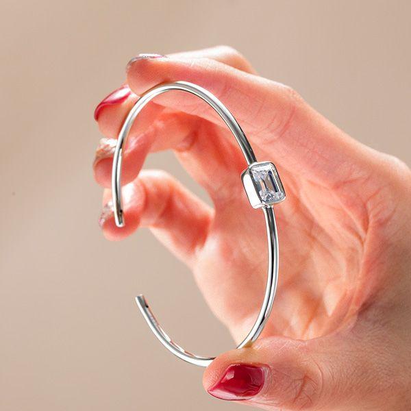 Emerald Cut White Sapphire Solitaire Bangle Bracelet in Sterling Silver