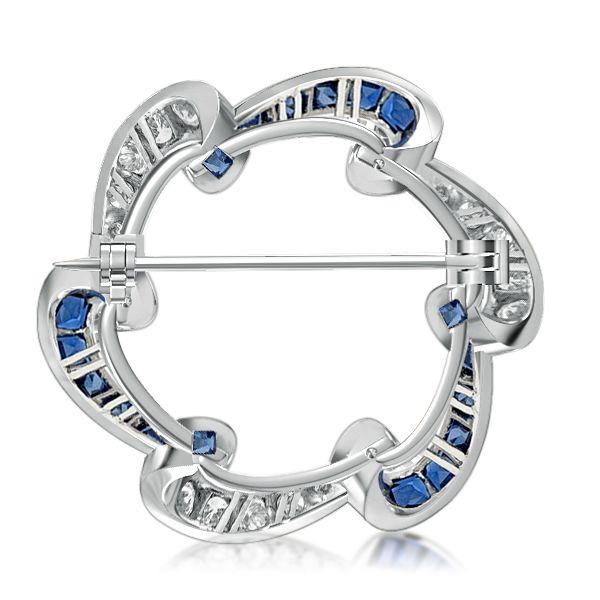 Vintage Style Blue Sapphire Wreath Brooch - Sterling Silver Plated