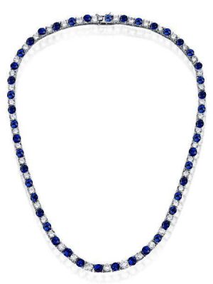 Blue & White Sapphire Tennis Necklace - 925 Sterling Silver, 4mm Round, 17-22 inch
