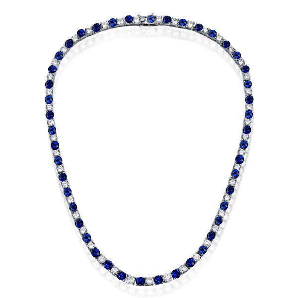 Blue & White Sapphire Tennis Necklace - 925 Sterling Silver, 4mm Round, 17-22 inch