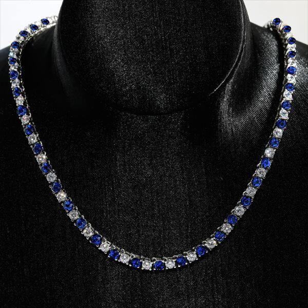 Blue & White Sapphire Tennis Necklace - 925 Sterling Silver, 4mm Round, 17-22 inch