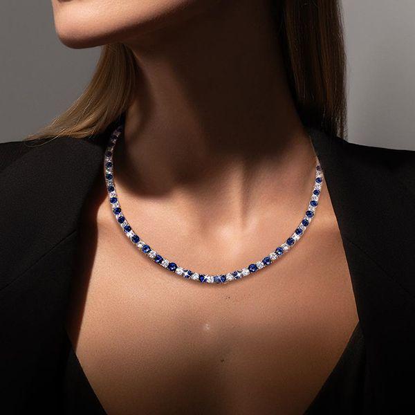 Blue & White Sapphire Tennis Necklace - 925 Sterling Silver, 4mm Round, 17-22 inch