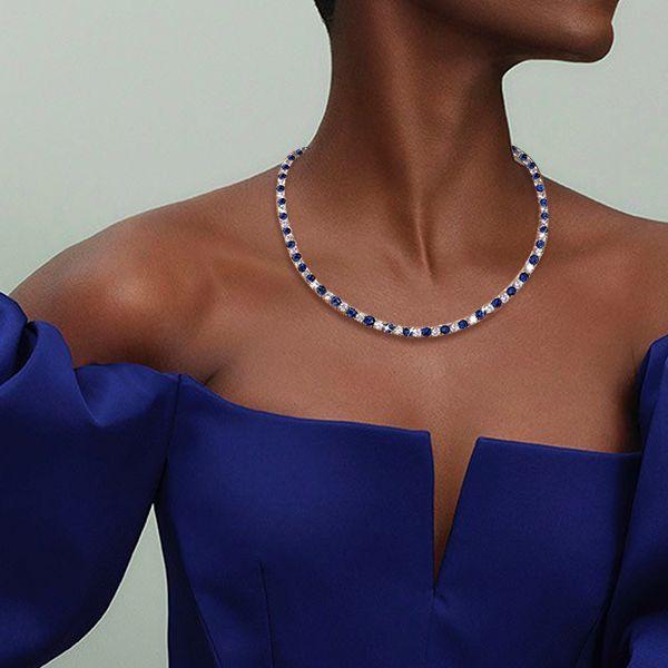 Blue & White Sapphire Tennis Necklace - 925 Sterling Silver, 4mm Round, 17-22 inch