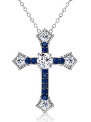 Round Cut Blue Sapphire Cross Necklace in 925 Sterling Silver