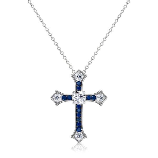 Round Cut Blue Sapphire Cross Necklace in 925 Sterling Silver