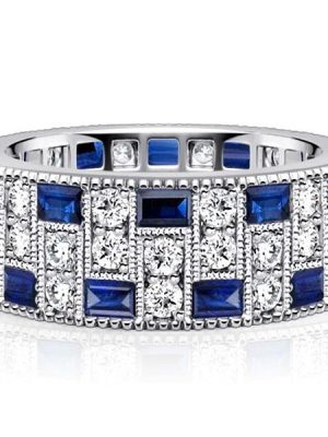 Milgrain Bezel Set Blue and White Sapphire Eternity Band Ring in Sterling Silver