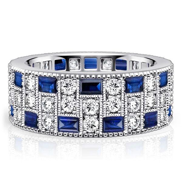 Milgrain Bezel Set Blue and White Sapphire Eternity Band Ring in Sterling Silver
