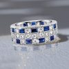 Milgrain Bezel Set Blue and White Sapphire Eternity Band Ring in Sterling Silver